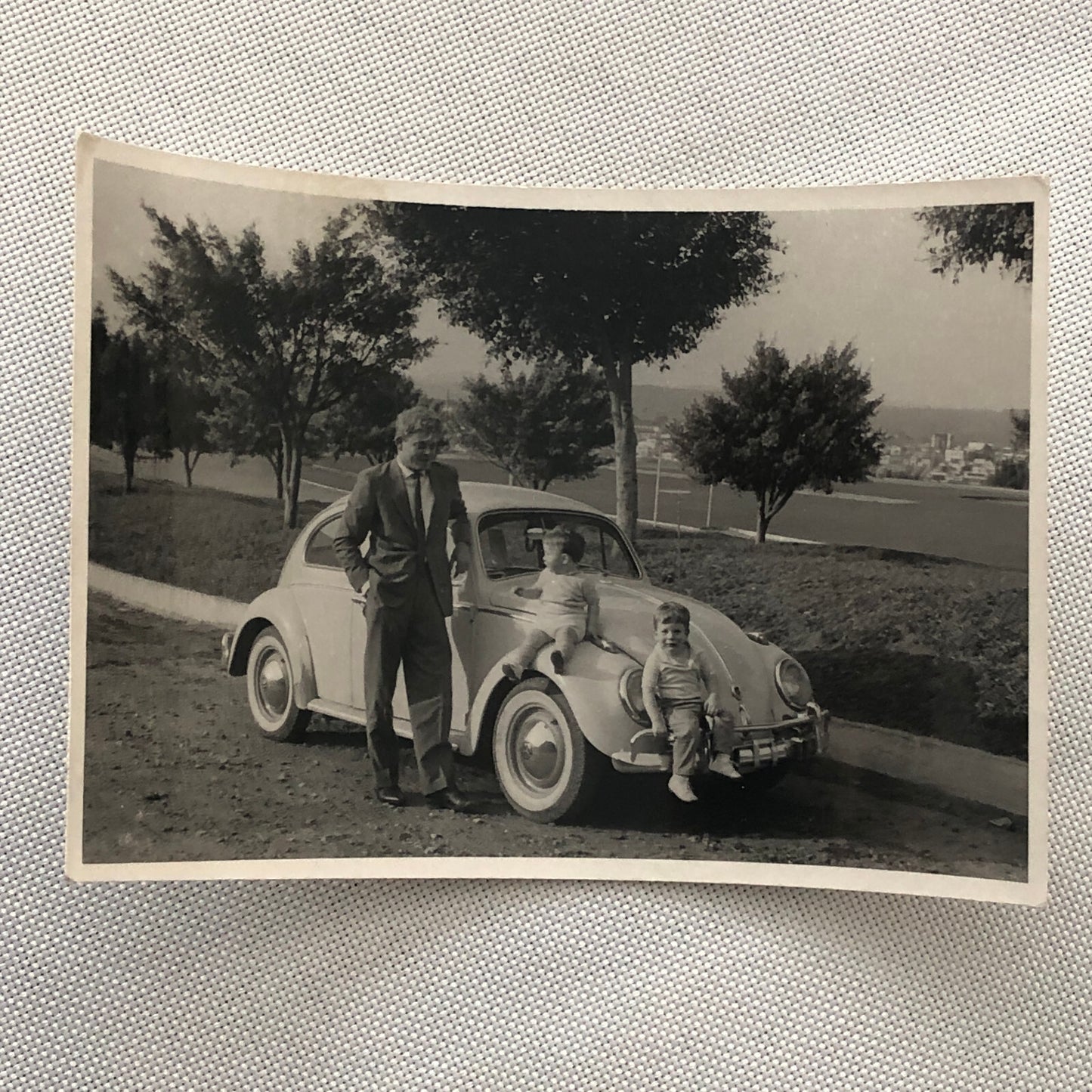 Vintage Photo Photograph Snapshot Man Children with VW Volkswagen Beetle Bug Car