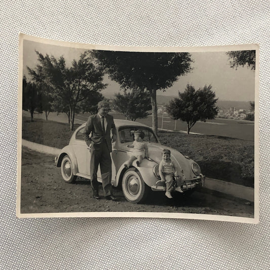 Vintage Photo Photograph Snapshot Man Children with VW Volkswagen Beetle Bug Car