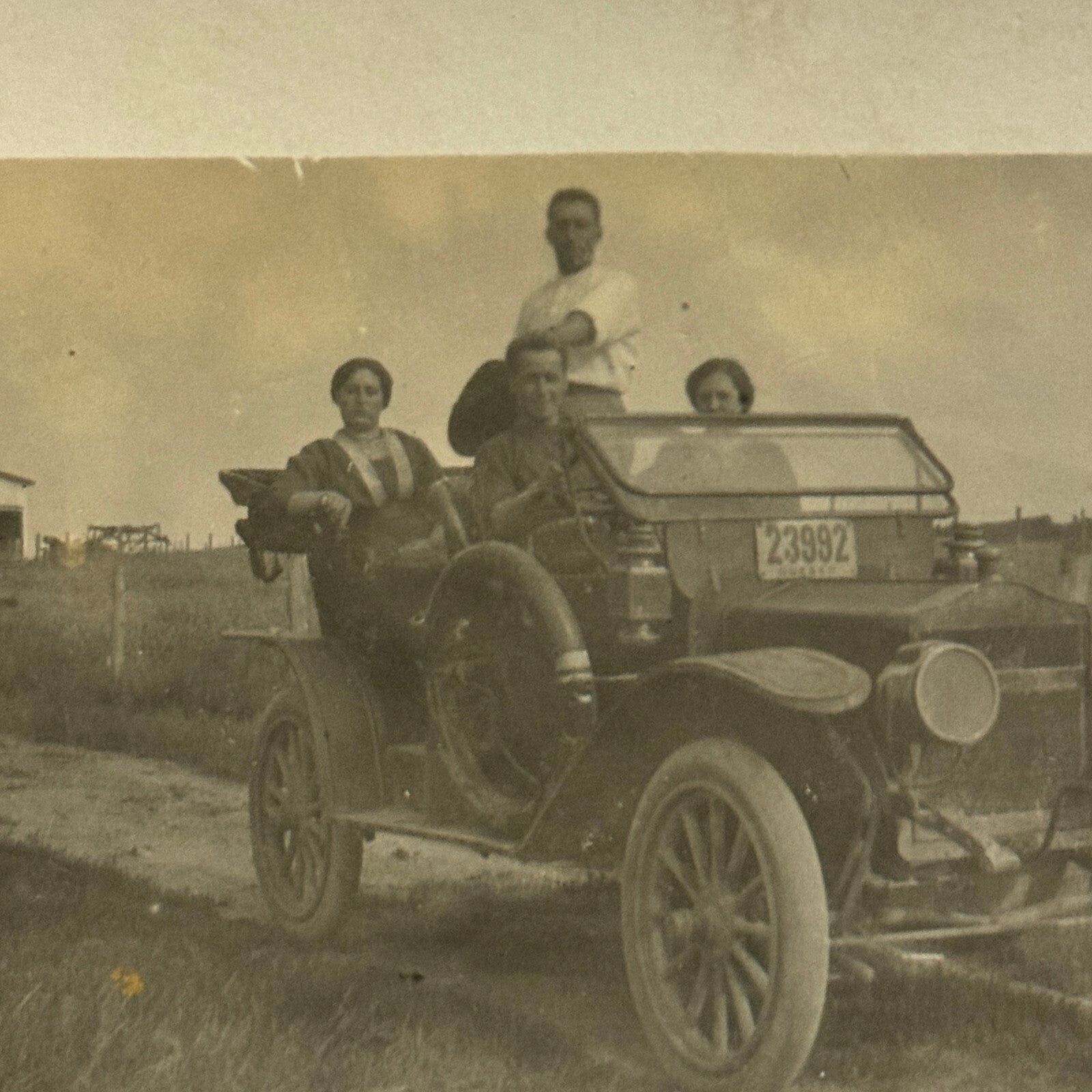 Real Photo Postcard RPPC People and Antique Car Automobile Vintage License Plate