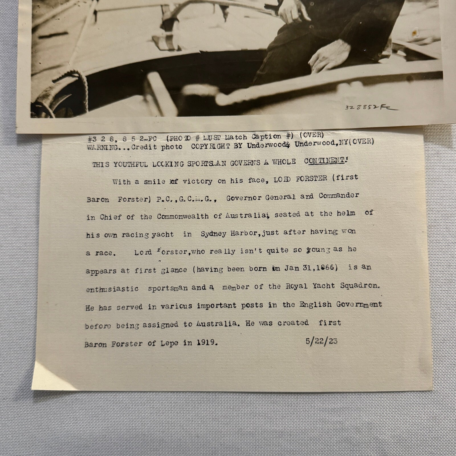 1923 Australian Press Photo Photograph Lord Forster on Yacht Boat Royal S