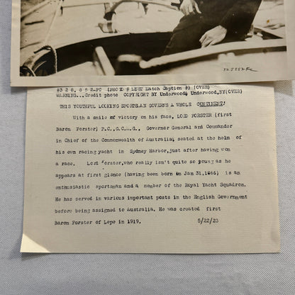 1923 Australian Press Photo Photograph Lord Forster on Yacht Boat Royal S