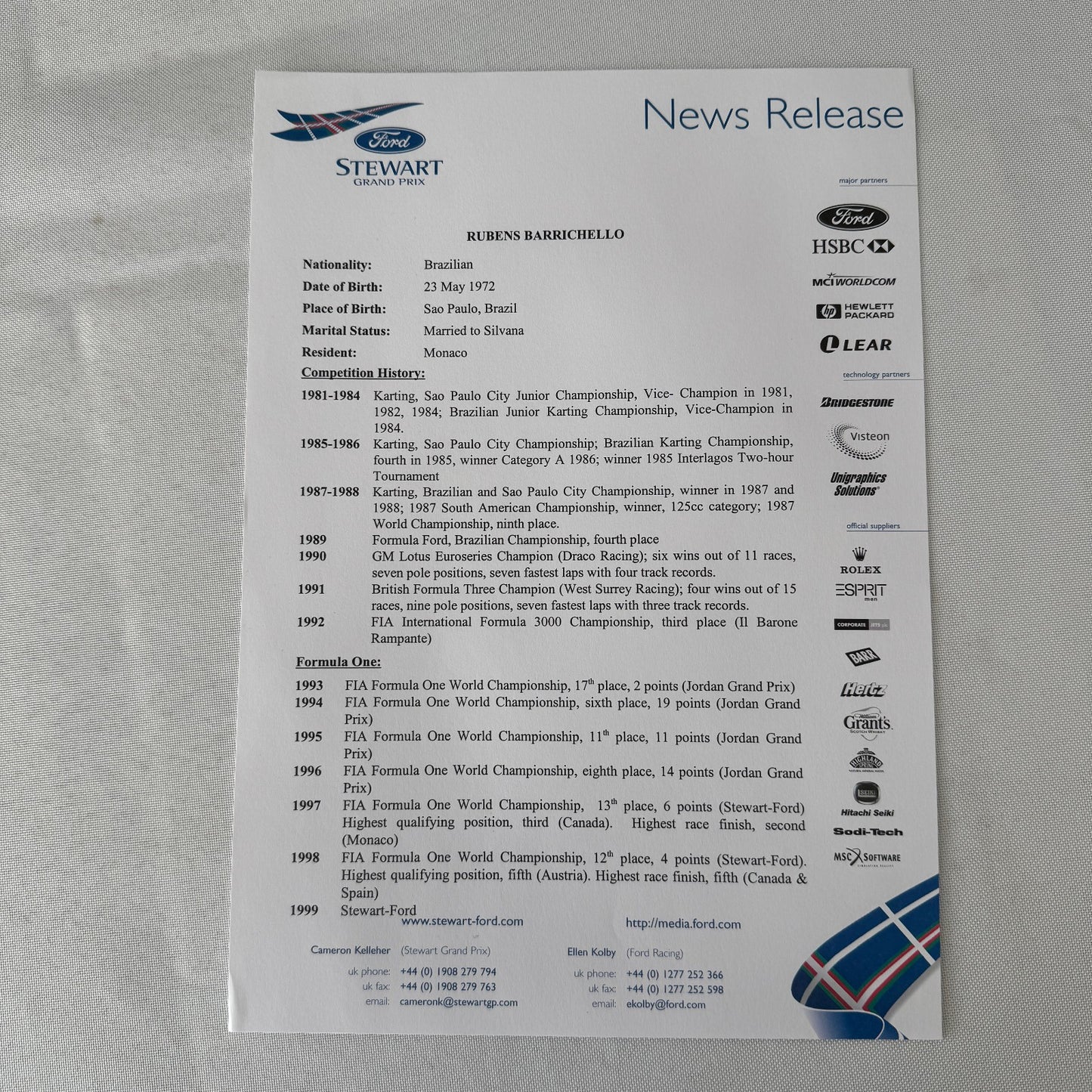 1999 Ford Jackie Stewart Racing Team SF3 Press Kit 35mm Slides Brochure Photos
