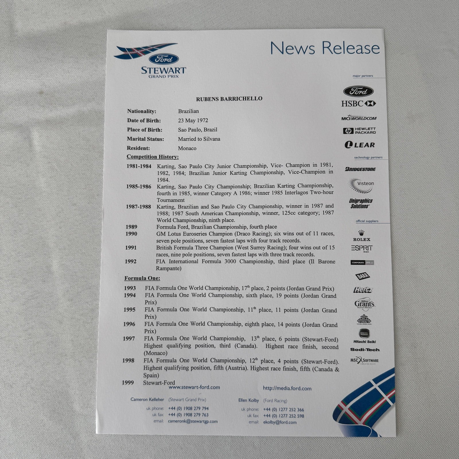 1999 Ford Jackie Stewart Racing Team SF3 Press Kit 35mm Slides Brochure Photos