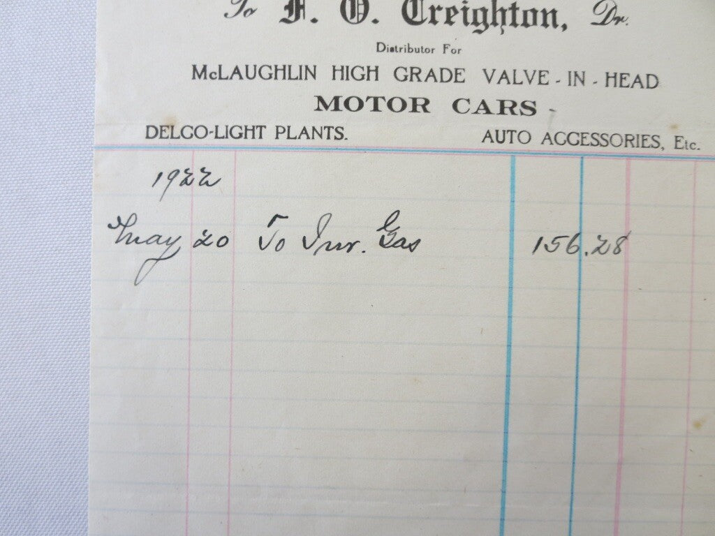 1922 Mclaughlin Motor Car Dealership Invoice Document Letter Form 
