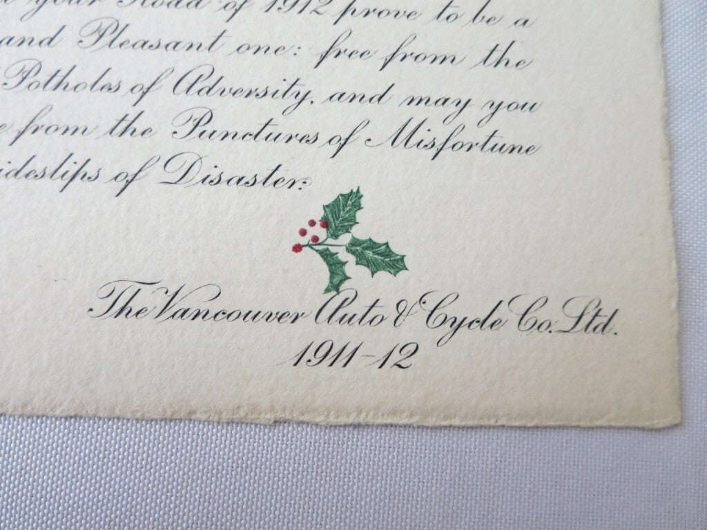 1911 - 1912 Cadillac Christmas Card Document Letter Vancouver Auto & Cycle Co