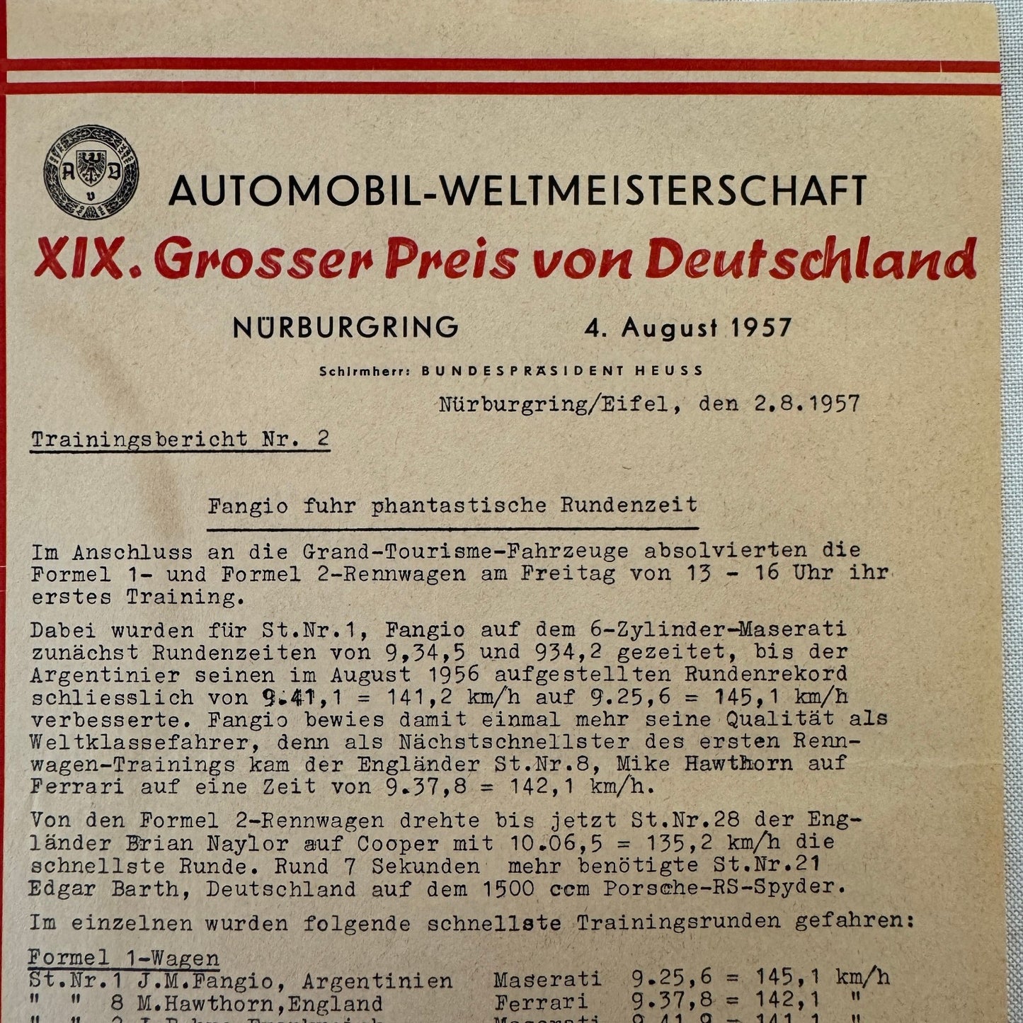 1951 AVD European Grand Prix at Nurburgring Racing Race Document Lot 11x