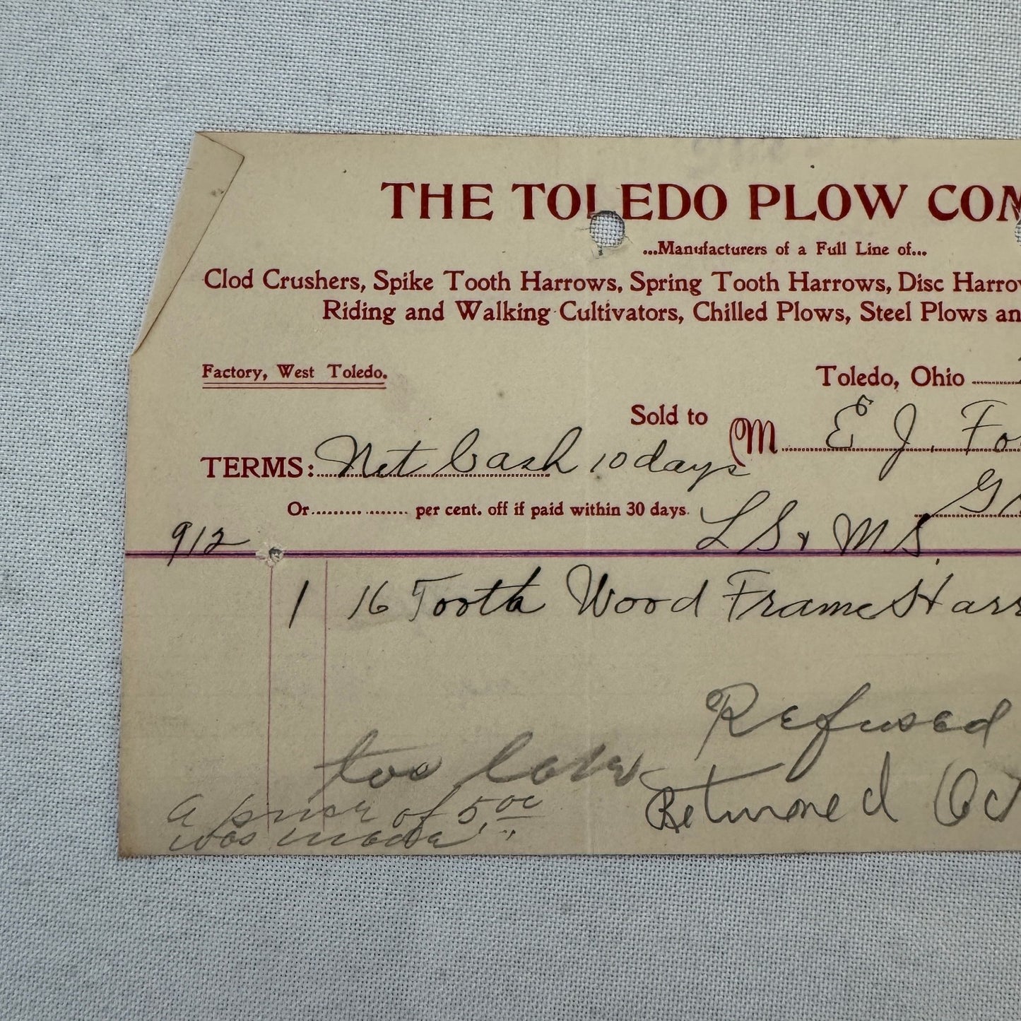 The Toledo Plow Company Invoice Receipt Document Lot 2x 1906 1908 Antique
