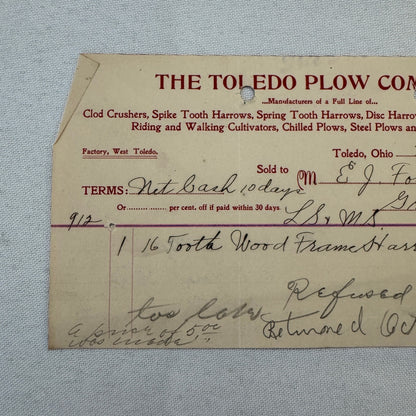 The Toledo Plow Company Invoice Receipt Document Lot 2x 1906 1908 Antique