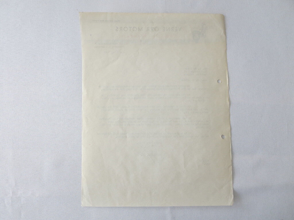 1949 Chrysler Plymouth Dealership Letter Verne Orr Motors Dealer Letterhead