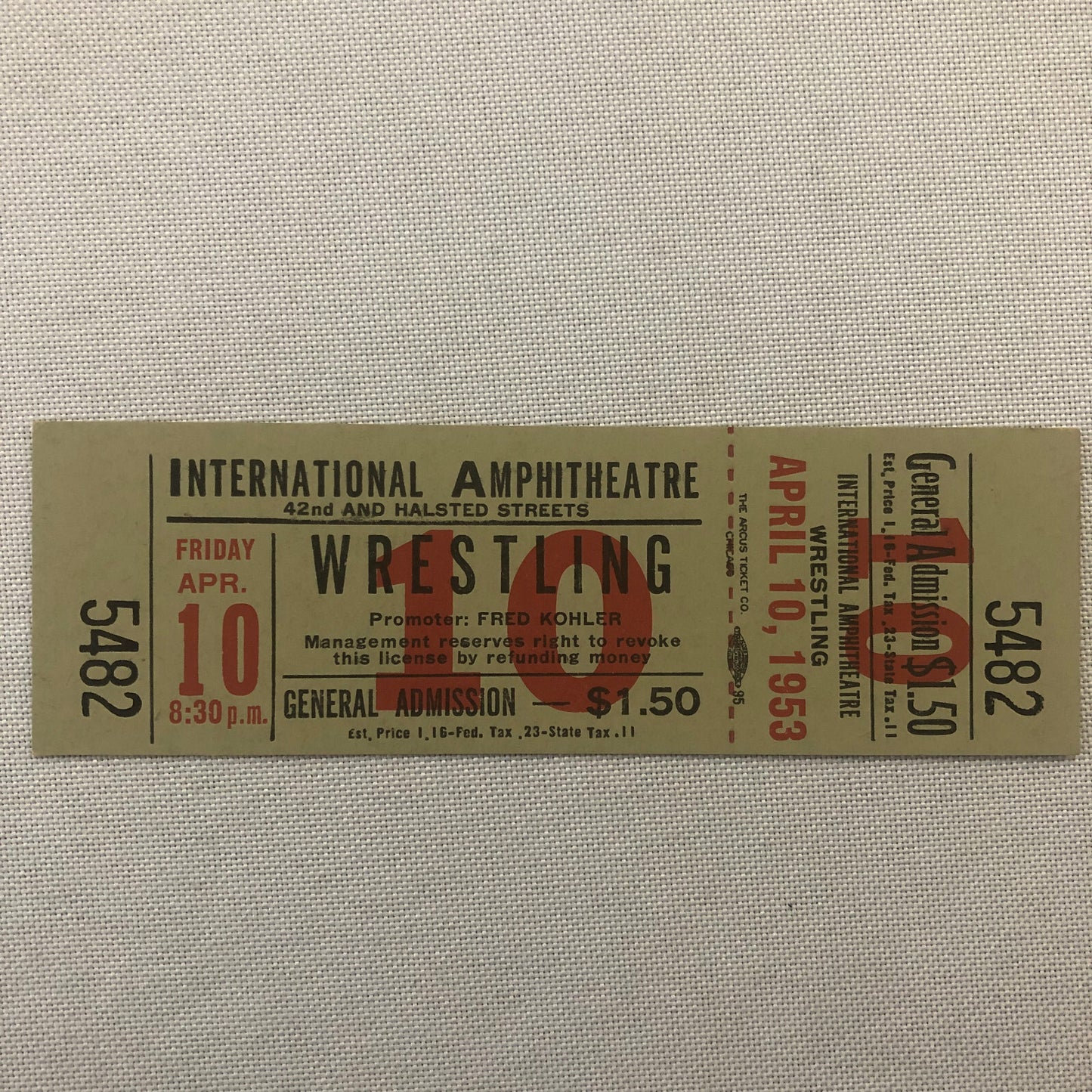 1953 Chicago Wrestling Show Ticket Original Fred Kohler Promoter