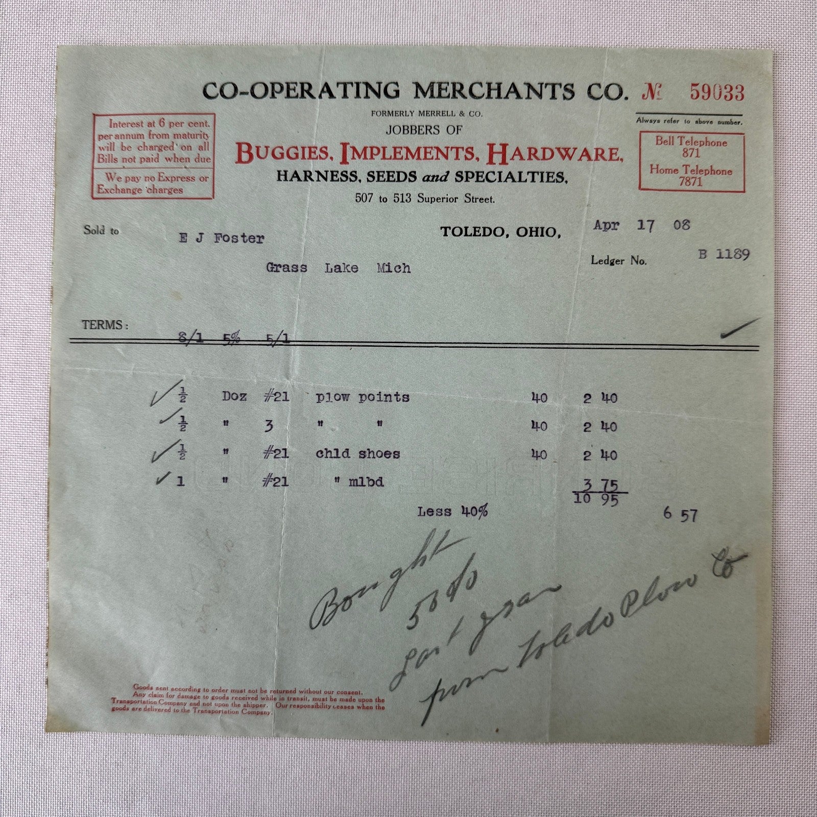 Cooperating Merchants Company Buggies and Hardware 1908 Receipt Invoice Lot 6x