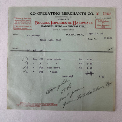 Cooperating Merchants Company Buggies and Hardware 1908 Receipt Invoice Lot 6x