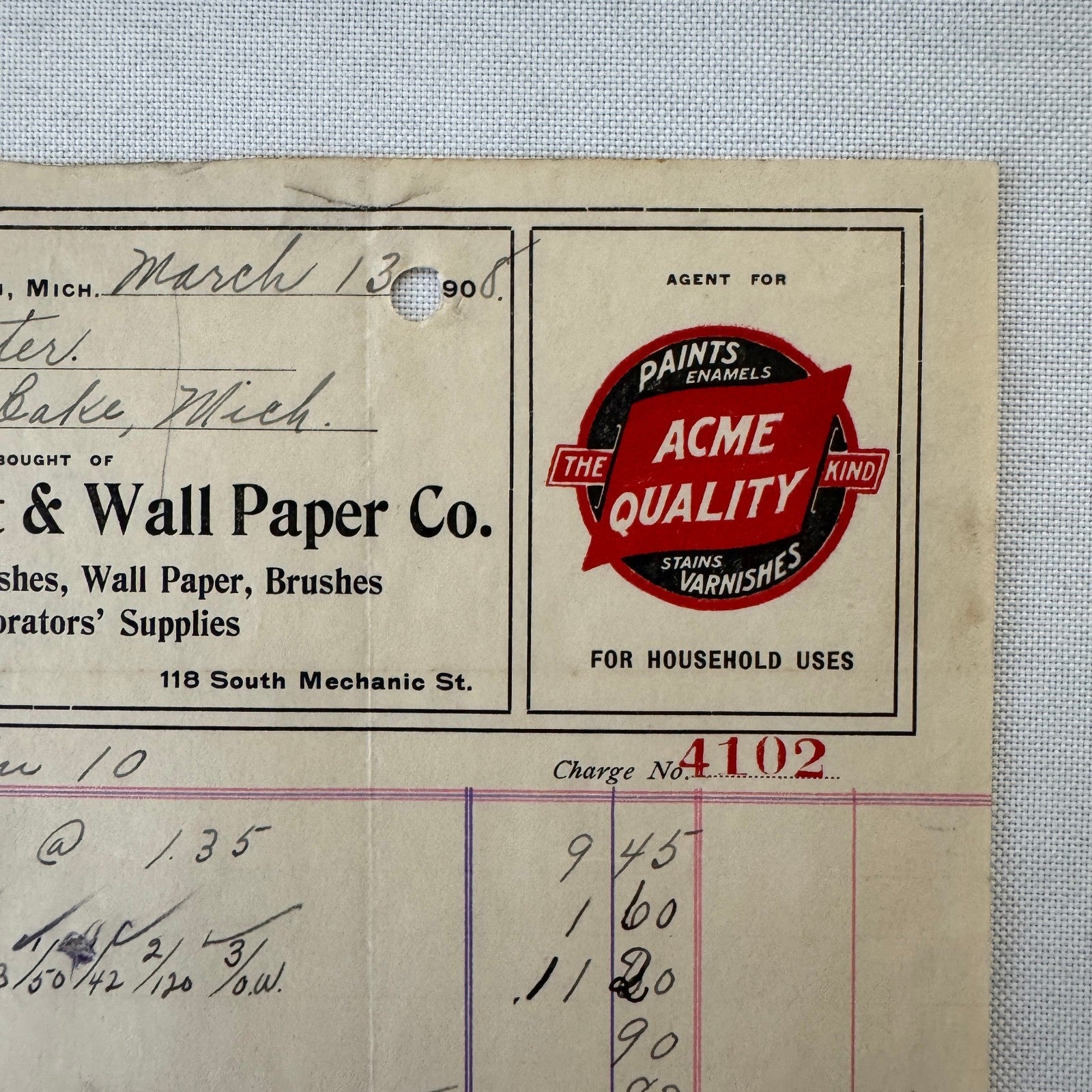Jackson Paint and Wall Paper Company Michigan 1908 Receipt Document Invoice