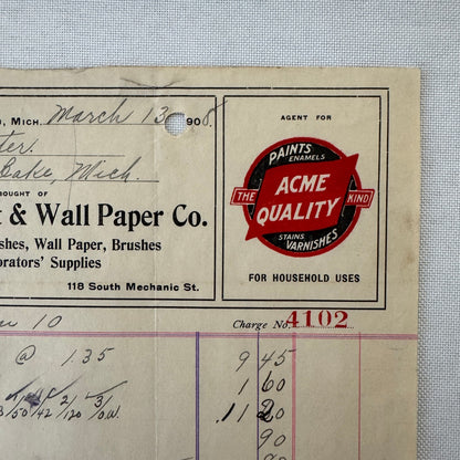 Jackson Paint and Wall Paper Company Michigan 1908 Receipt Document Invoice