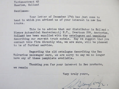 1947 REO Motors Inc Correspondence Letter Letterhead REO Truck 