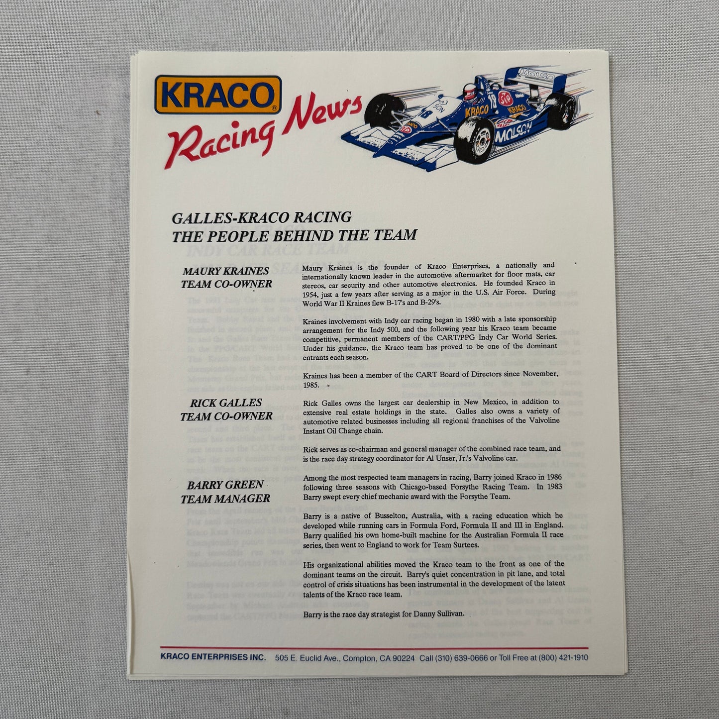 1992 Danny Sullivan Kraco Indy Car Racing Press Kit Brochure Photos Galmer Chevy