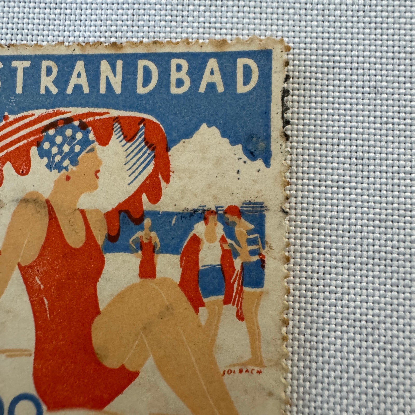 Vintage Travel Stamp Strandbad Lido Luzern Switzerland Swiss Bathing Suit