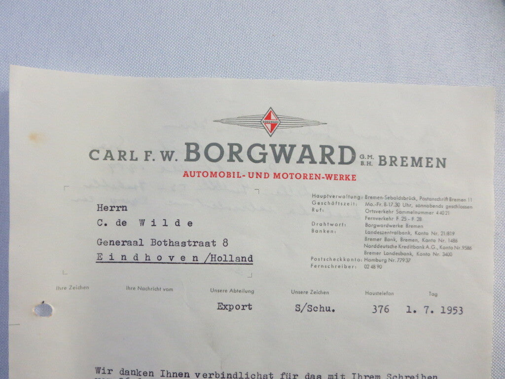 1953 Borgward Letter Letterhead Document - German Text 