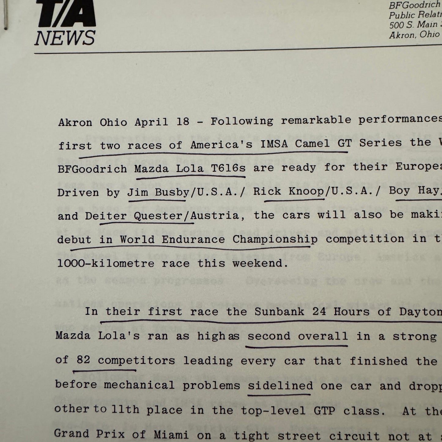 BF Goodrich Mazda Lola T616 Racing Press KIt Brochure Lola T-616 Jim Busby +