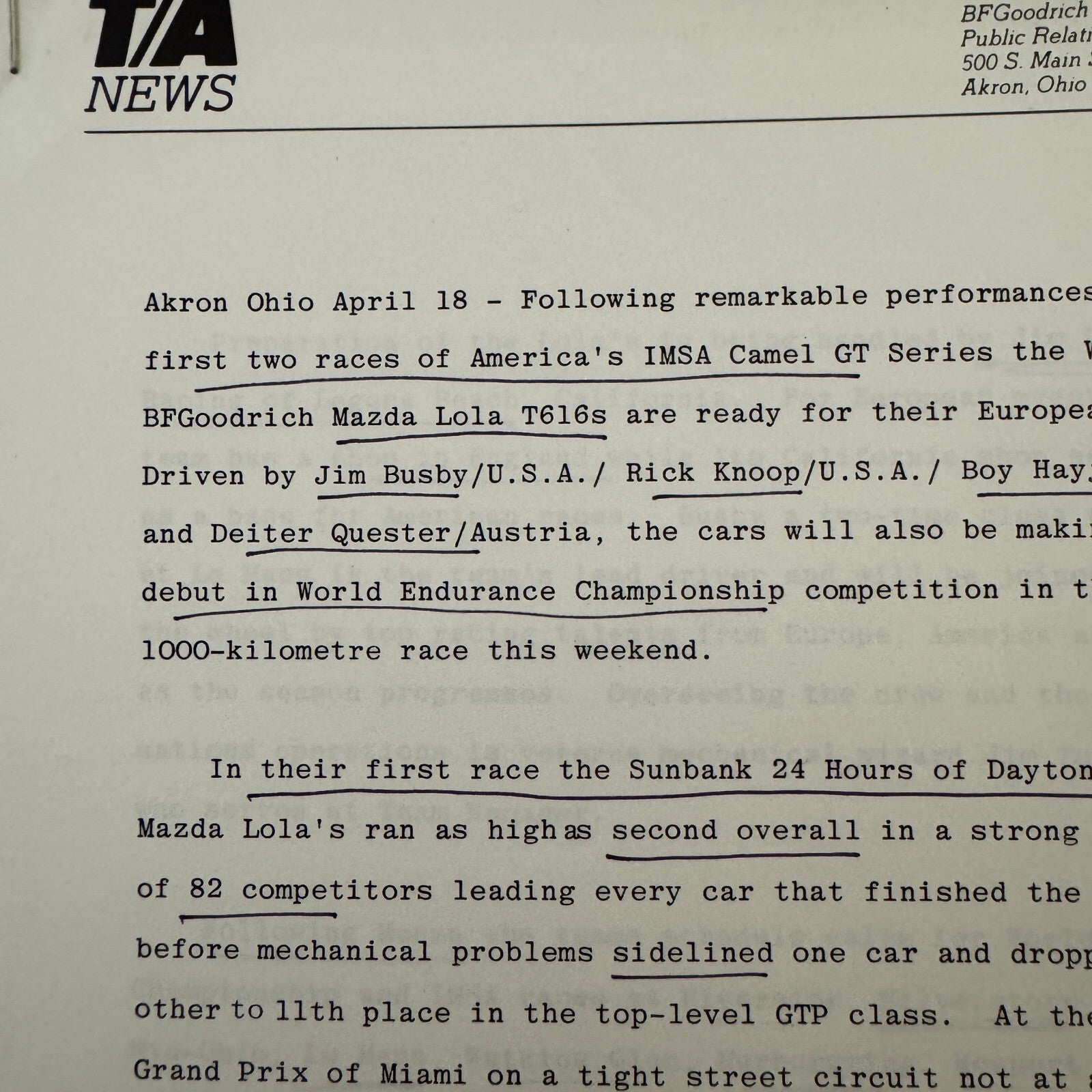 BF Goodrich Mazda Lola T616 Racing Press KIt Brochure Lola T-616 Jim Busby +