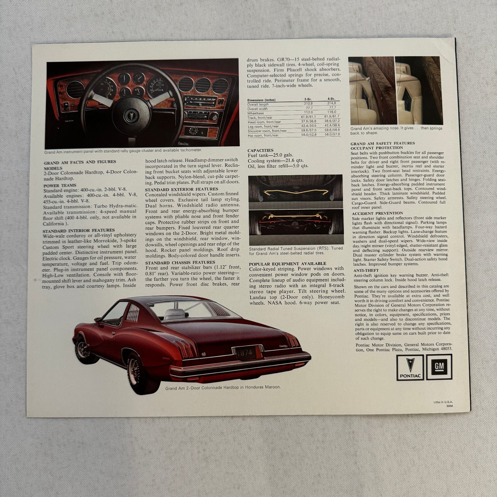1974 Pontiac Grand Am Car Sales Brochure Catalog Advertising