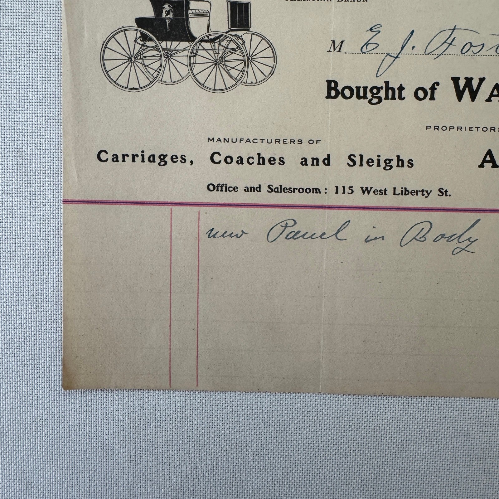 Walker and Company Receipt Letterhead Document 1908 Carriage Sleigh Ann Arbor MI