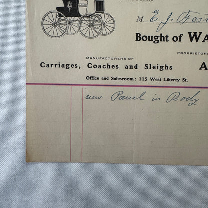 Walker and Company Receipt Letterhead Document 1908 Carriage Sleigh Ann Arbor MI
