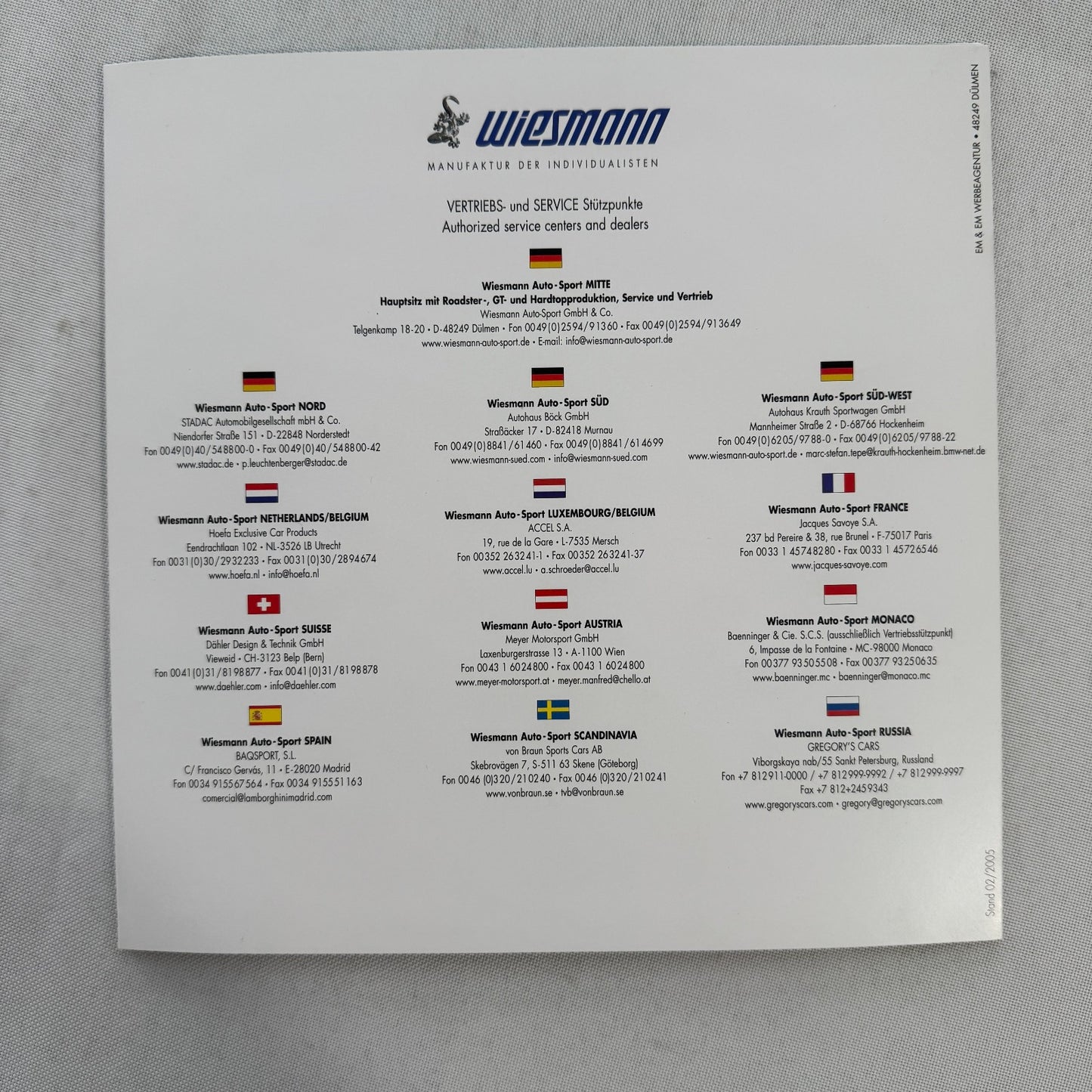 2005 Wiesmann GT Brochure Catalog Sports Car GERMAN Text