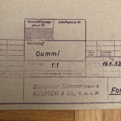 Vintage Porsche Reutter & Co Coachbuilder Factory Part Blueprint Document German
