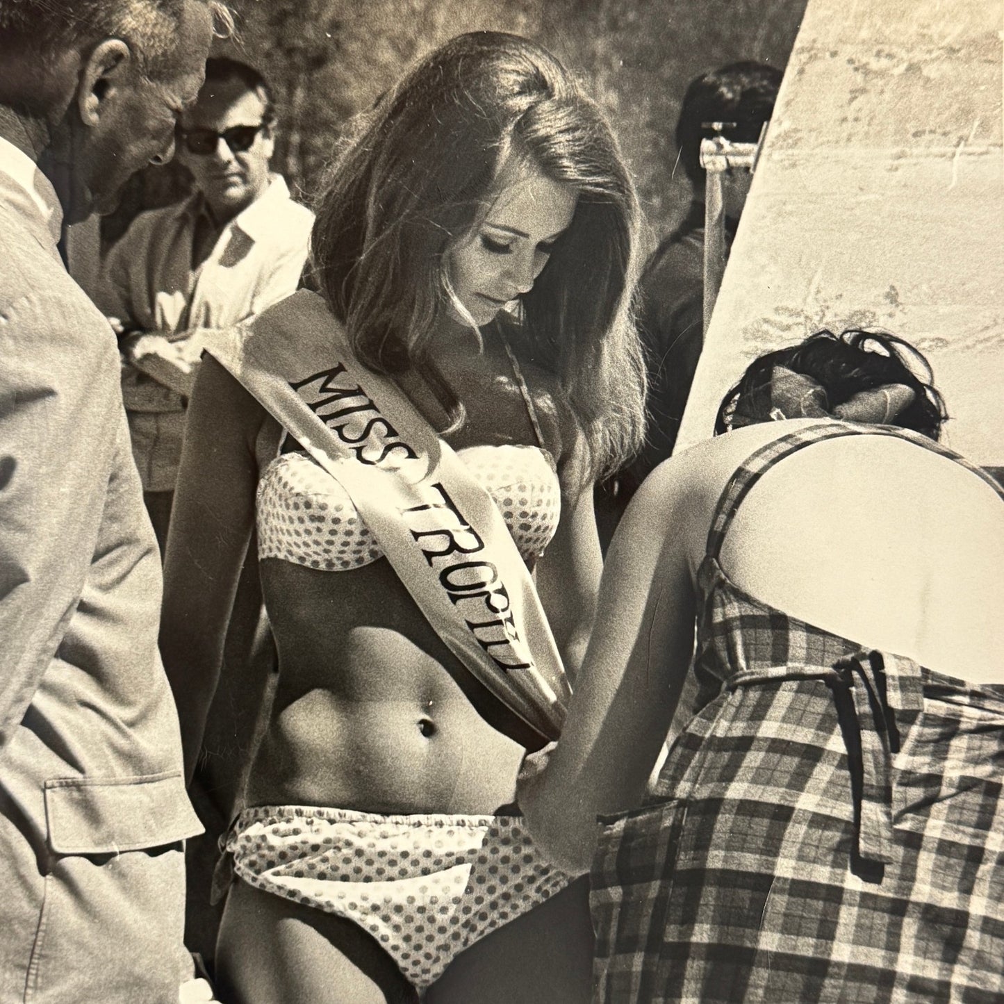 Vintage 1960s Miss Trophy Beauty Contest Bikini Model at Car Race Original Photo