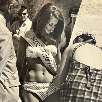 Vintage 1960s Miss Trophy Beauty Contest Bikini Model at Car Race Original Photo