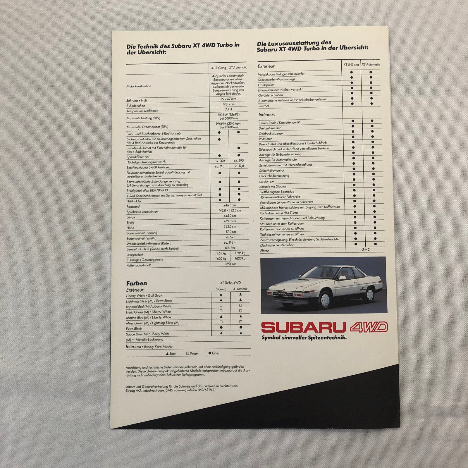Subaru XT 4WD Turbo Car Sales Brochure Catalog Advertising GERMAN Text
