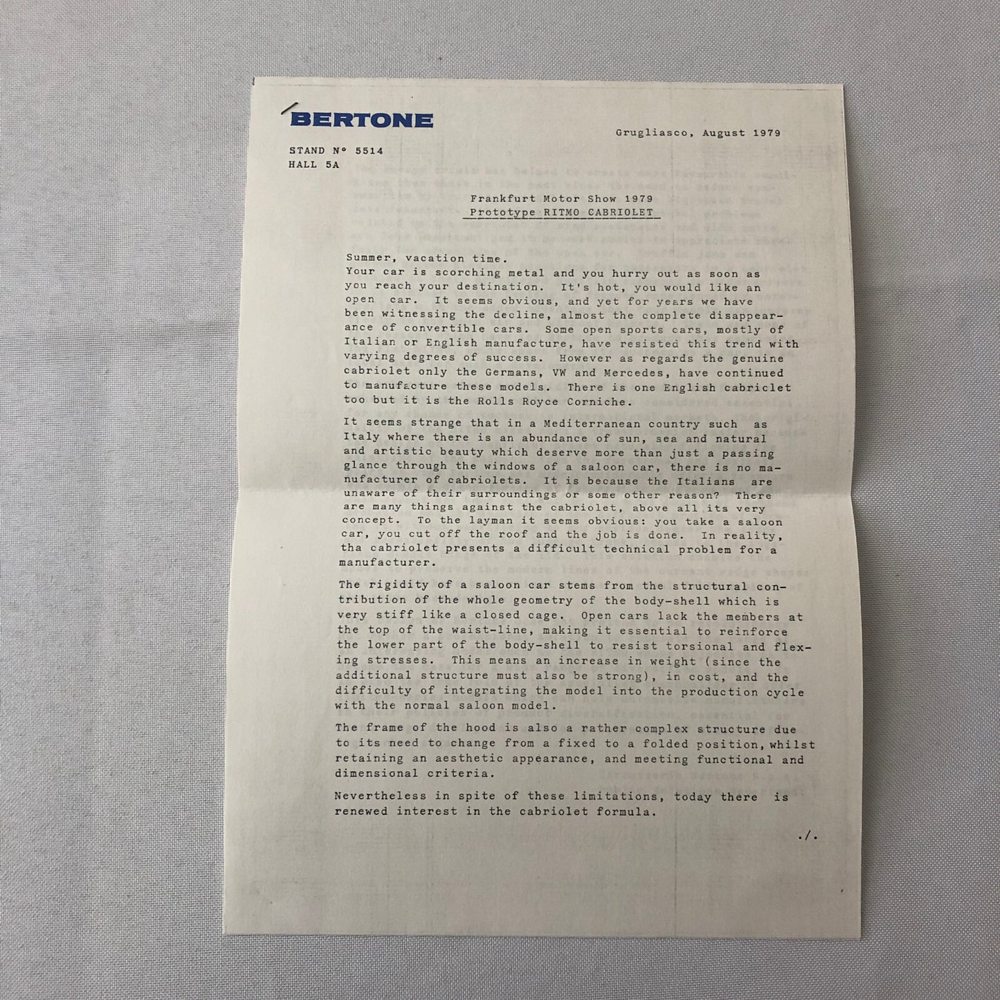 1979 Bertone Ritmo Cabriolet Convertible Press Kit with Photos Fiat Ritmo