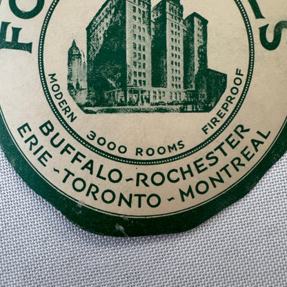Vintage Hotel Travel Luggage Label Ford Hotel Buffalo Rochester Erie Toronto