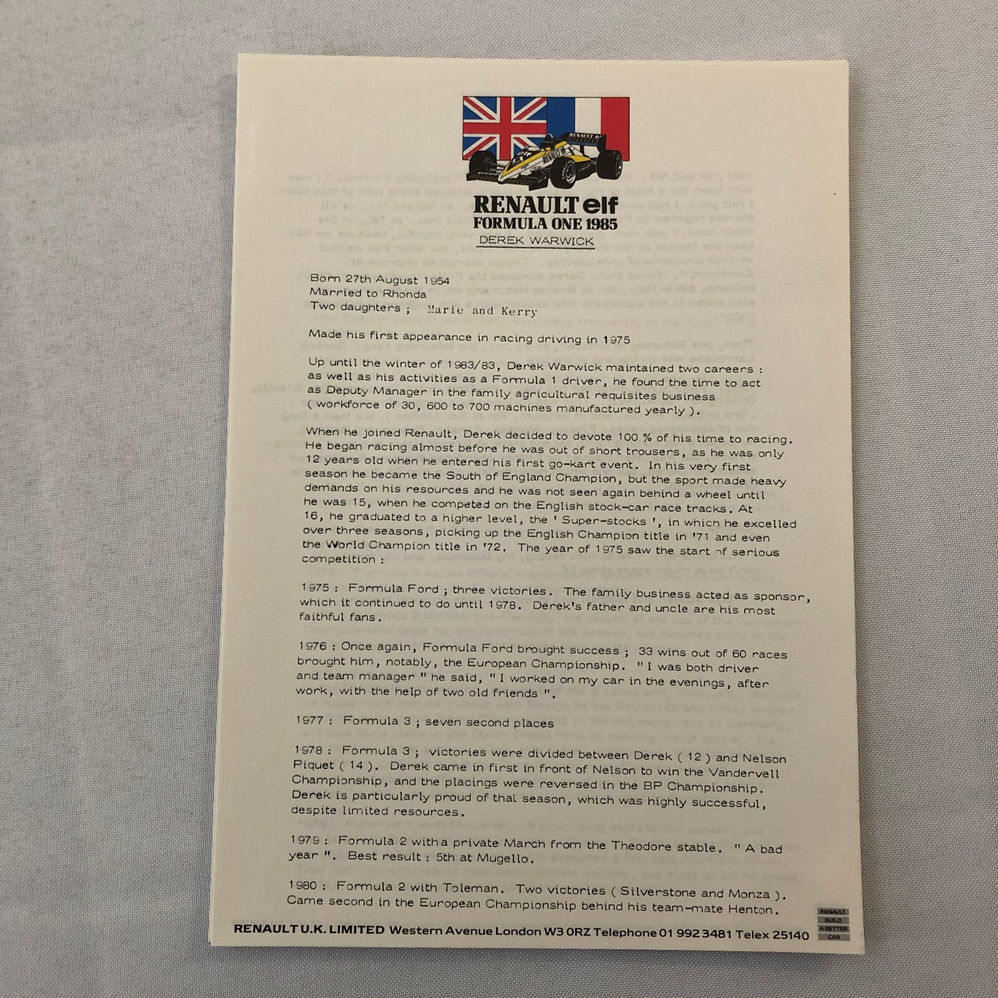 1985 Renault F1 Press Kit ELF Formula One Patrick Tambay Derek Warwick Team