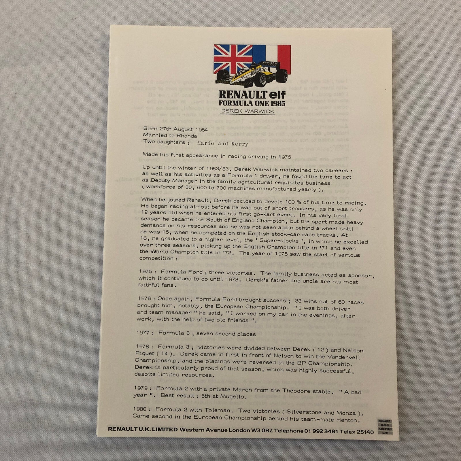 1985 Renault F1 Press Kit ELF Formula One Patrick Tambay Derek Warwick Team