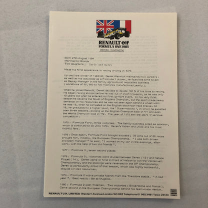 1985 Renault F1 Press Kit ELF Formula One Patrick Tambay Derek Warwick Team