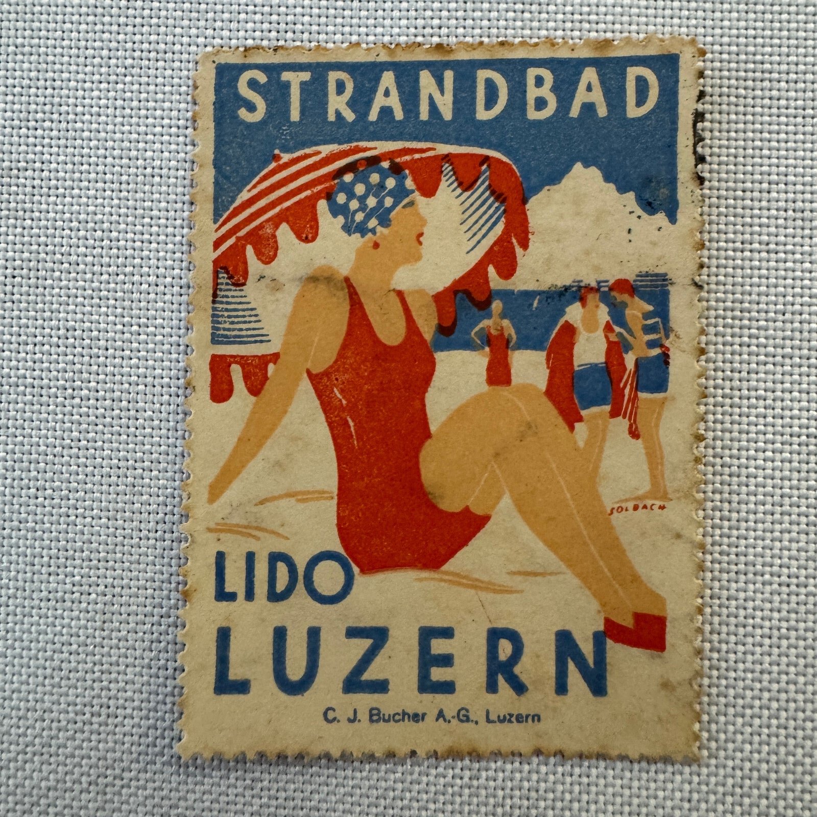 Vintage Travel Stamp Strandbad Lido Luzern Switzerland Swiss Bathing Suit
