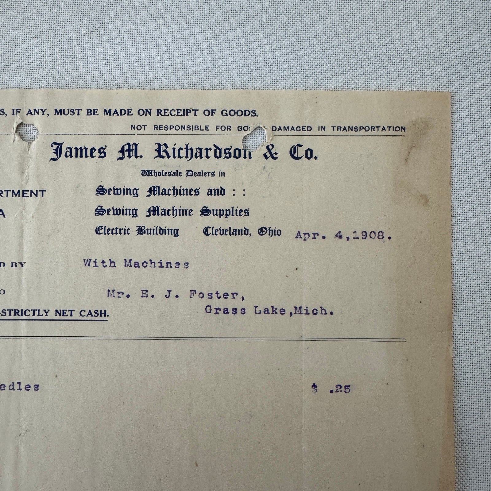 James M Richardson Company Receipt Invoice Document 1908 Sewing Machine Ohio