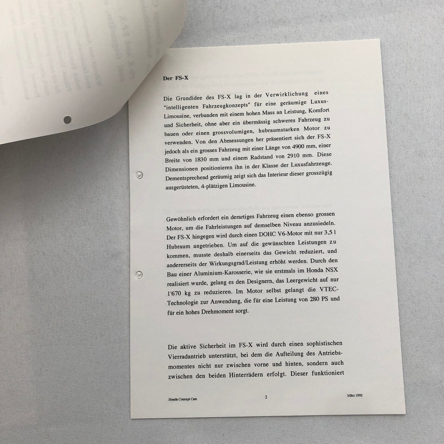 Honda EP-X and FS-X Concept Car Prototype Press Kit GERMAN Text 1992 Photos