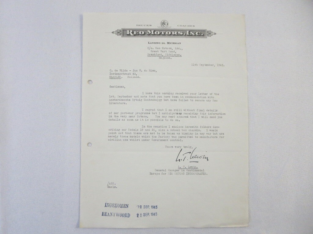 1945 REO Motors Inc Correspondence Letter Letterhead REO Truck Bus Model 19 20 