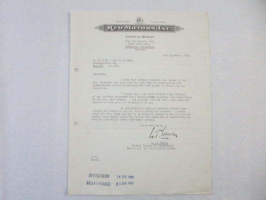 1945 REO Motors Inc Correspondence Letter Letterhead REO Truck Bus Model 19 20 
