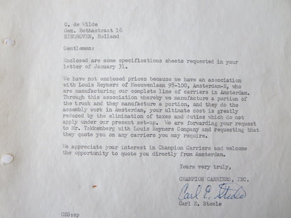 1959 Champion Carriers Letter Letterhead Document Truck Construction Equipment +