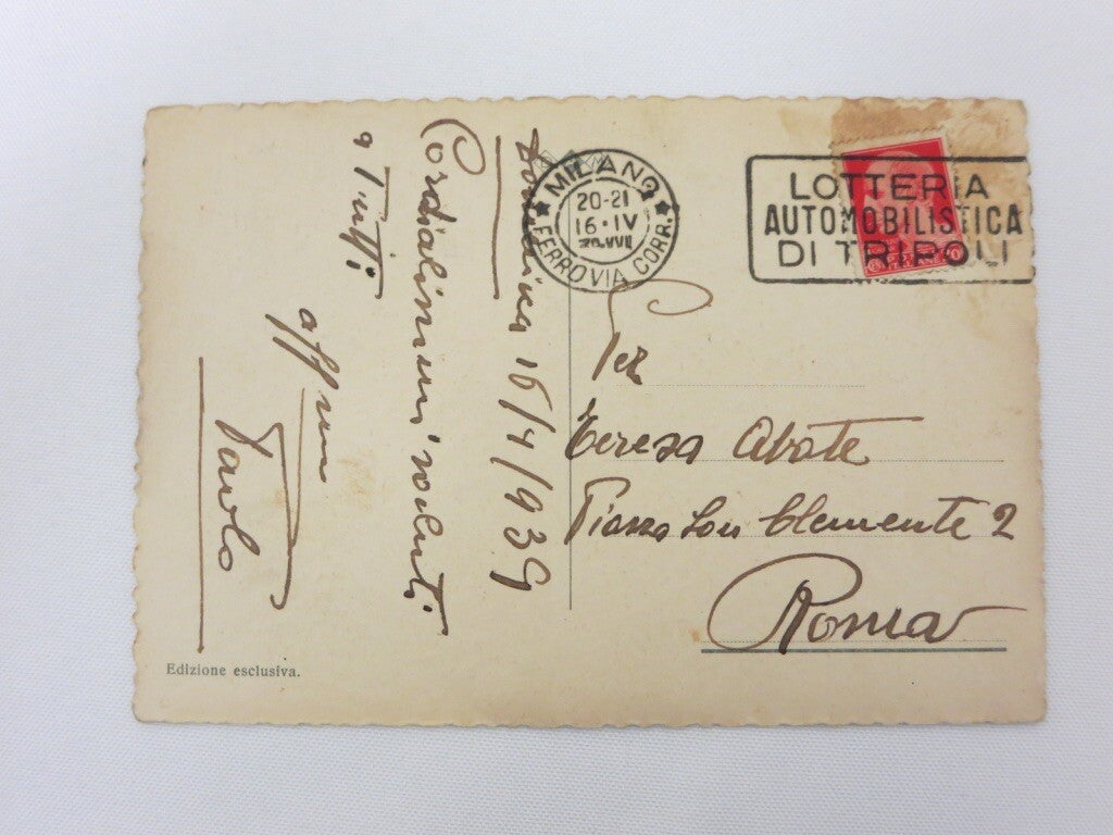 Vintage Italian Souvenir Postcard w/ Lotteria Automobilistica di Tripoli Milan