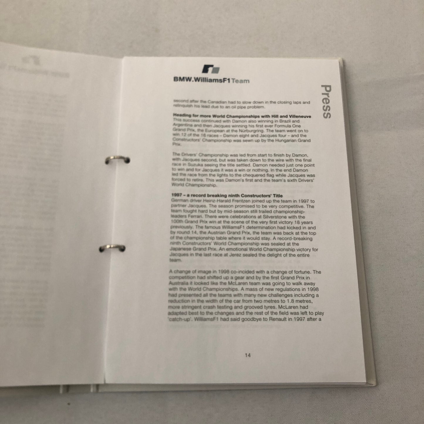 2001 BMW Williams F1 Team Press Kit Brochure Ralf Schumacher Juan Pablo Montoya