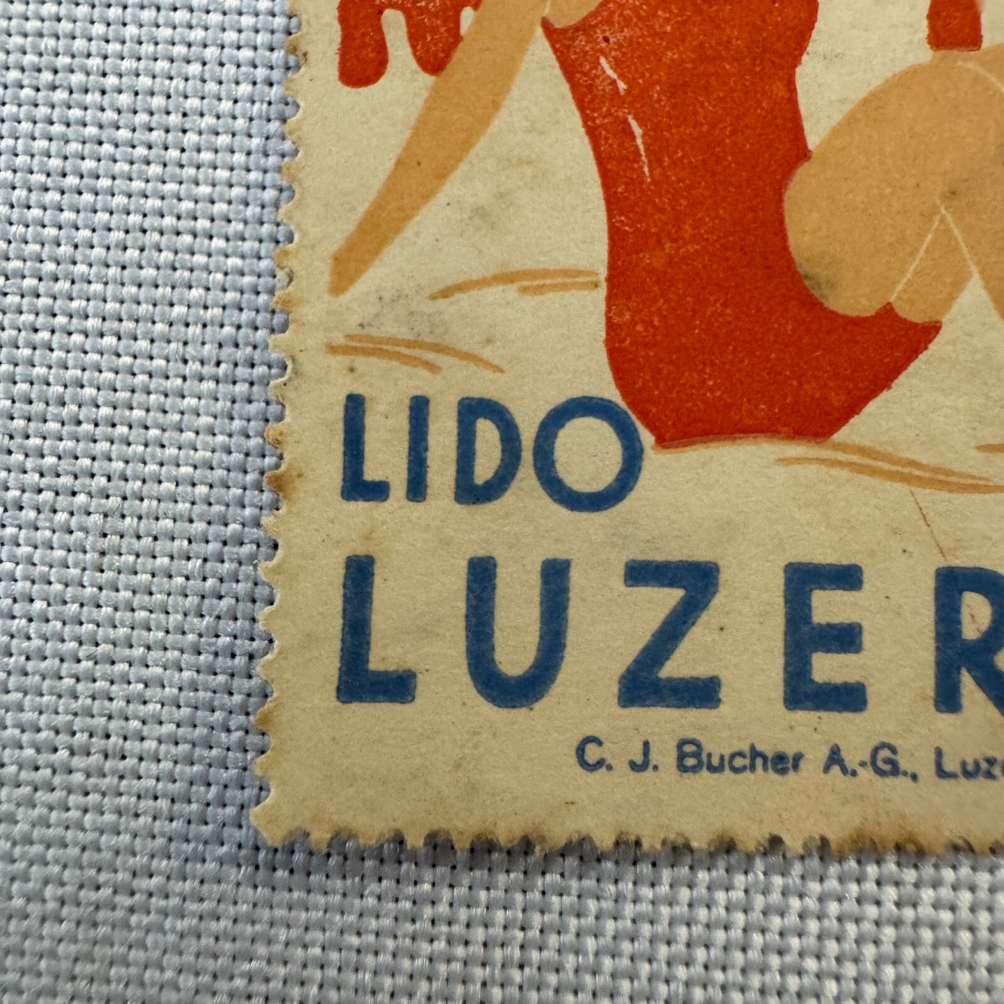 Vintage Travel Stamp Strandbad Lido Luzern Switzerland Swiss Bathing Suit