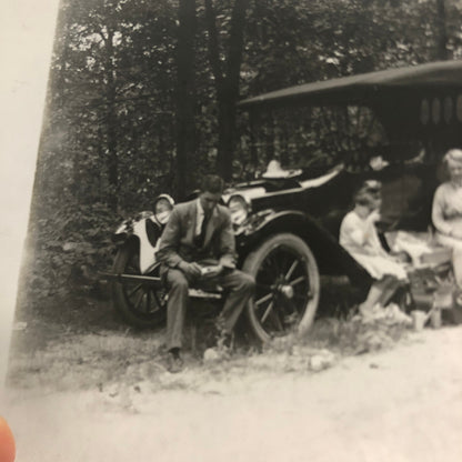 Antique Glass Plate Lantern Slide Photo Car Automobile People Picnic