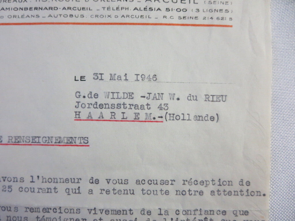 1946 Camions Bernard Truck Company Letter Letterhead Document 