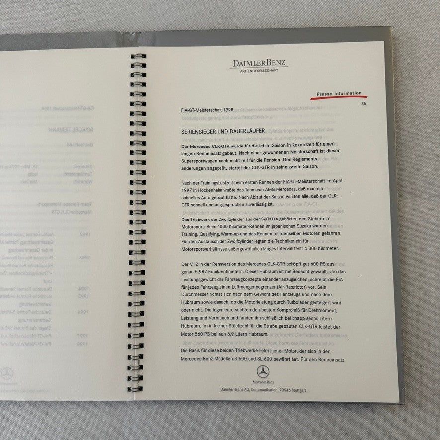 1998 Mercedes CLK GTR GT Racing Press Kit Photos Mark Webber Driver GERMAN