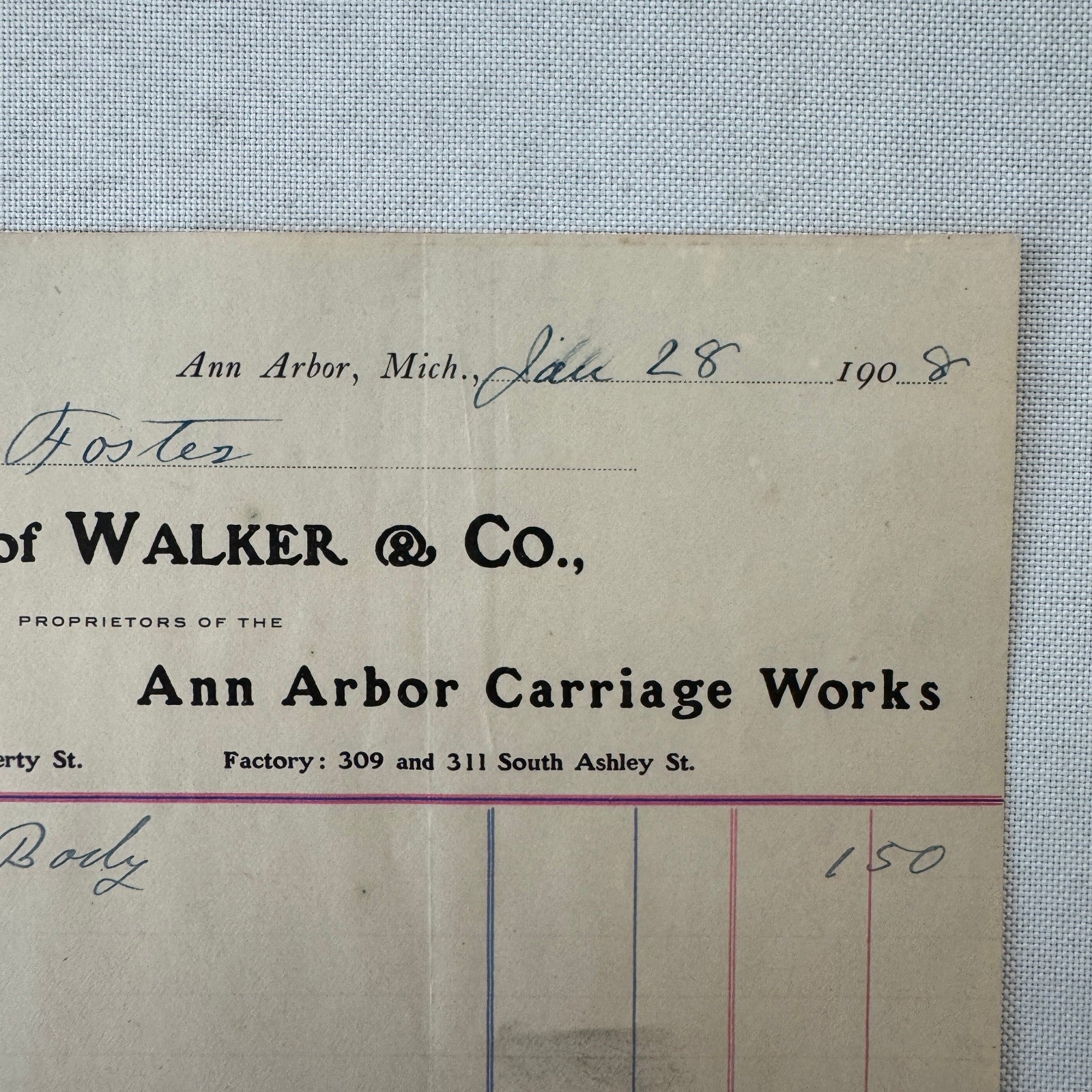 Walker and Company Receipt Letterhead Document 1908 Carriage Sleigh Ann Arbor MI